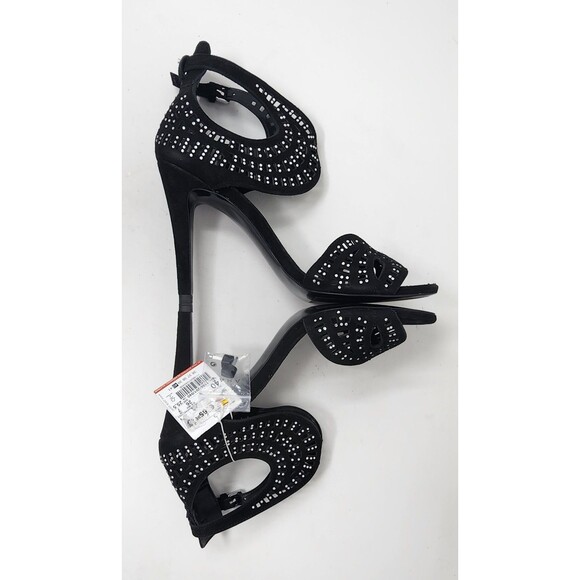 Zara Womens Black Leather Strappy 4" Heels Size 9 Open Toe Sandal Rhinestones - Picture 7 of 15